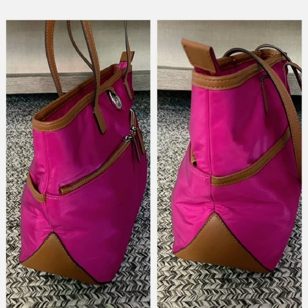 🥳HP🥳Michael Kors Pink Nylon With Brown Leather Handles and Trim NWOT Tote Bag - Picture 4 of 12
